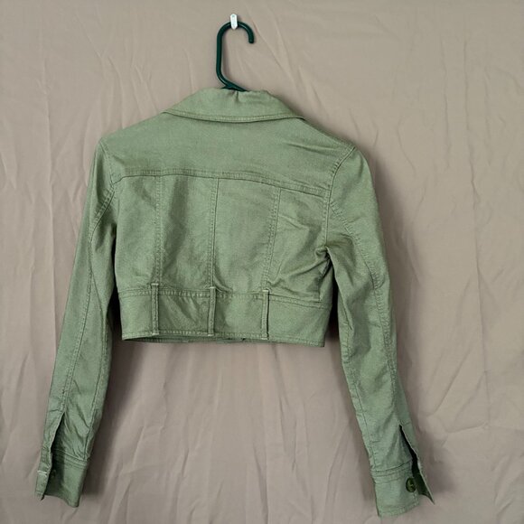 Bisou Bisou Cropped Olive Jean Jacket Button Up Size Size 2 Biker Edgy - Picture 6 of 12